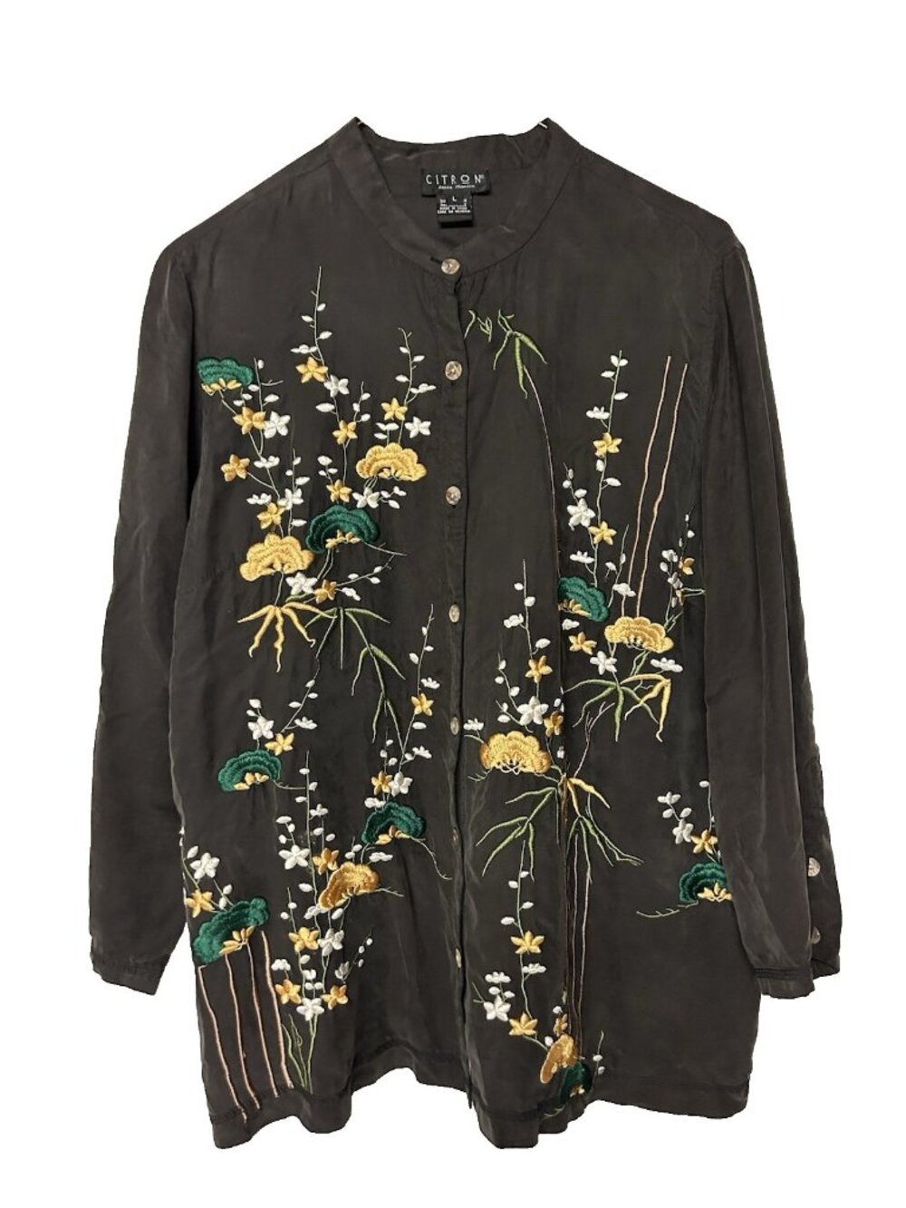 Citron Women’s L Sueded Rayon Button Up Embroidered Blouse
